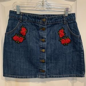 Forever 21 Contemporary Rose Patch Button Up Denim Skirt XL 12-14